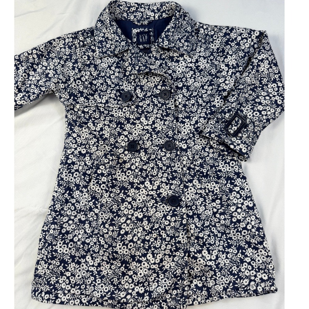Baby Gap Toddler Girls Navy Floral Double Breasted Trench Coat Jacket 3T‎